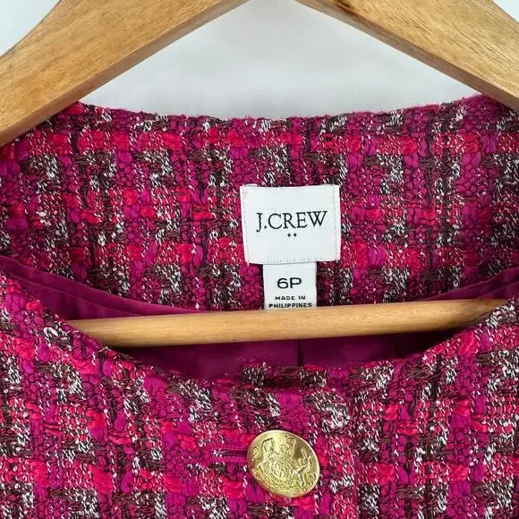 J. Crew Factory Tweed Jacket Size 6 Pink Bouclé Blazer Gold Button Crop